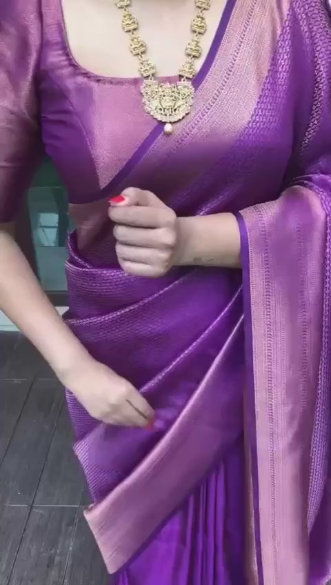 Royal Purple Woven Silk Blend Saree with Rose Gold Border and Tasselled Pallu