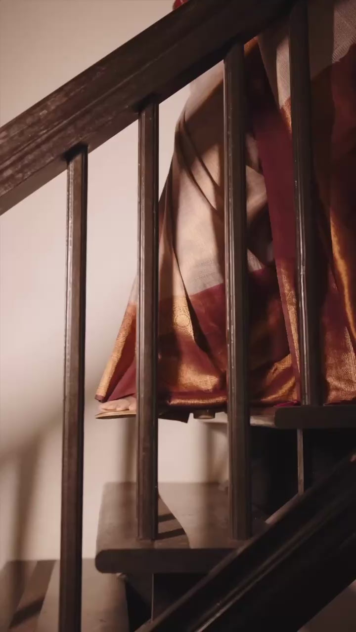 Champagne Beige Woven Silk Blend Saree with Copper Maroon Border