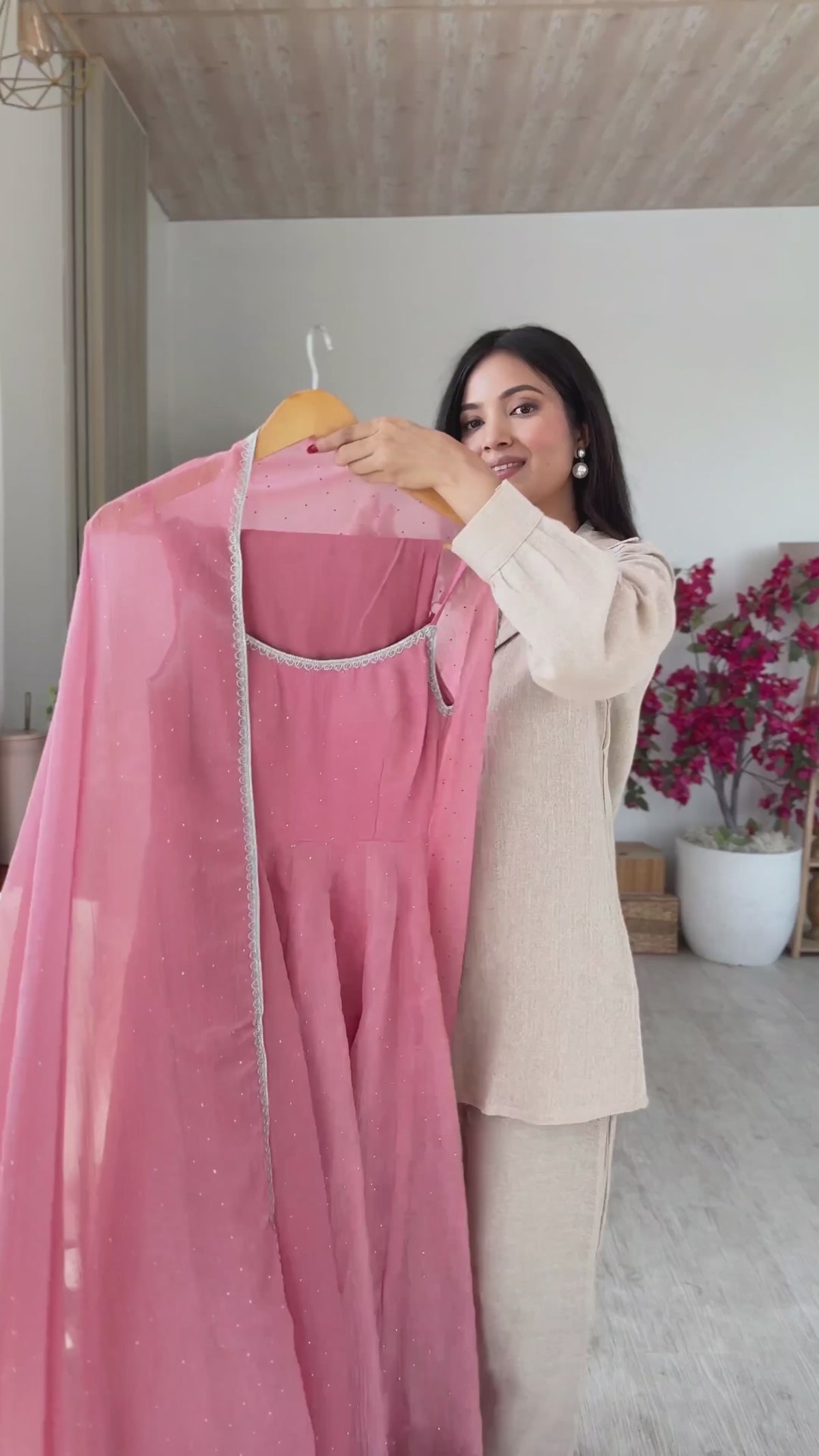 Baby Pink Crunchy Silk Swarovski Work Flared Anarkali Gown with Dupatta & Pant Set