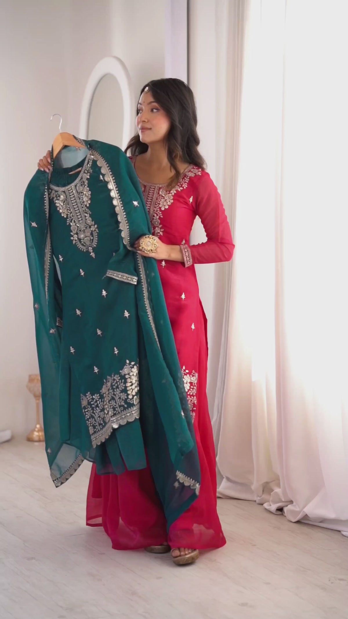 Premium Crunchy Silk Embroidered Kurta with Flared Sharara & Dupatta Set Teal Blue