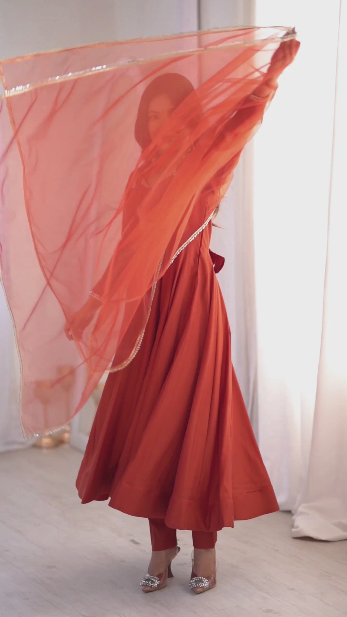 Rust Orange Romansilk Chanderi Flared Anarkali Gown with Net Dupatta & Pant Set