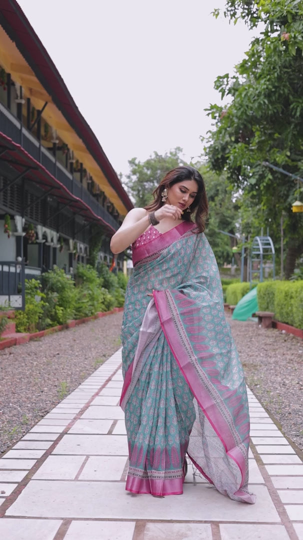 Elegant Teal Linen Cotton Saree with Pink Printed Border & Ethnic Motifs