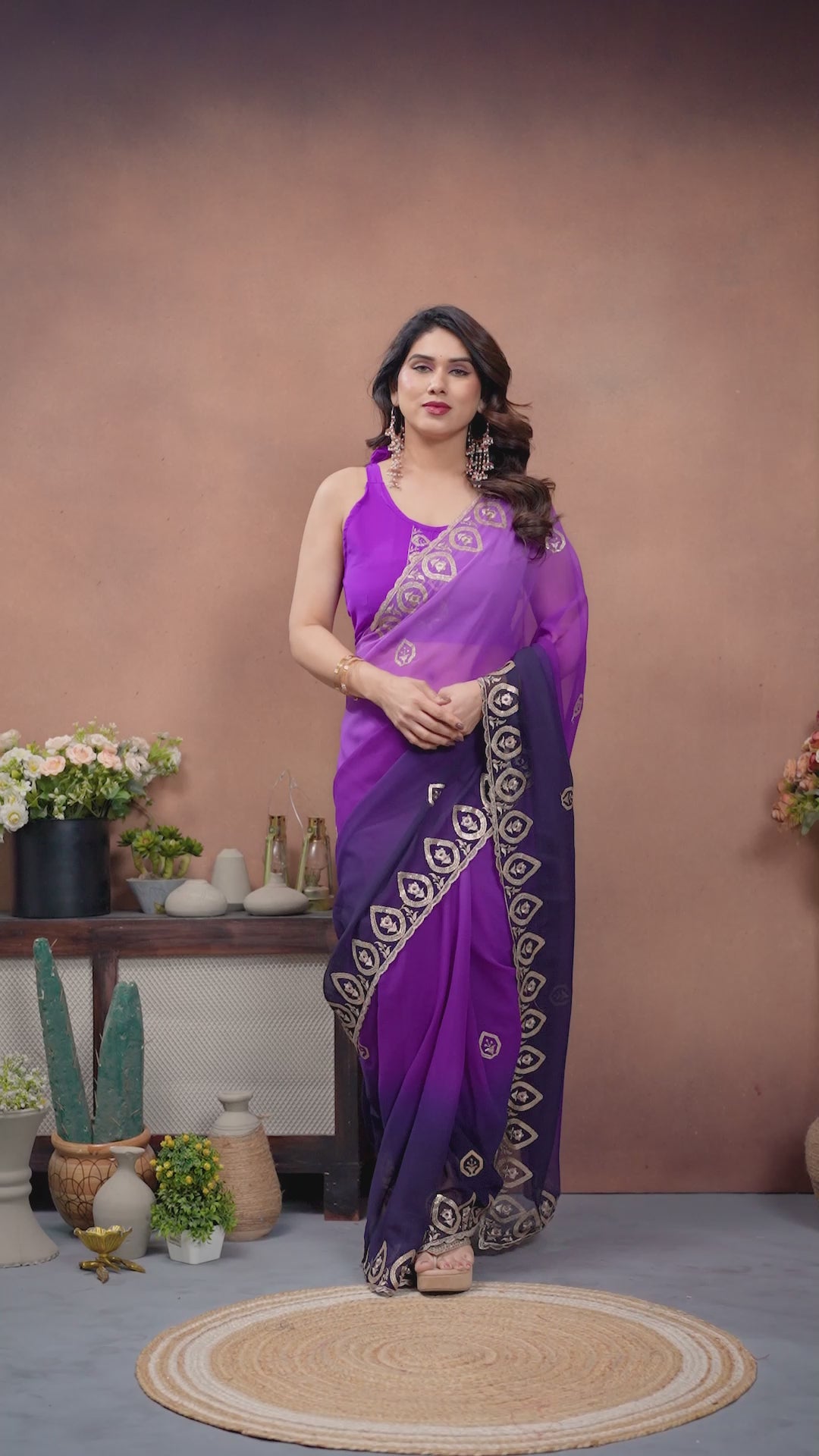 Purple Heavy Georgette Silk Embroidered Saree with Dark Purple Contrast Panel & Embroidered Blouse