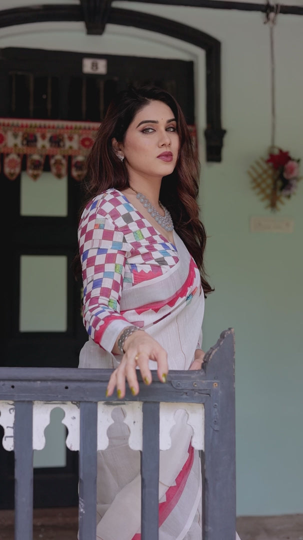 Modern Off-White Linen Cotton Saree with Multicolor Mosaic Print Border
