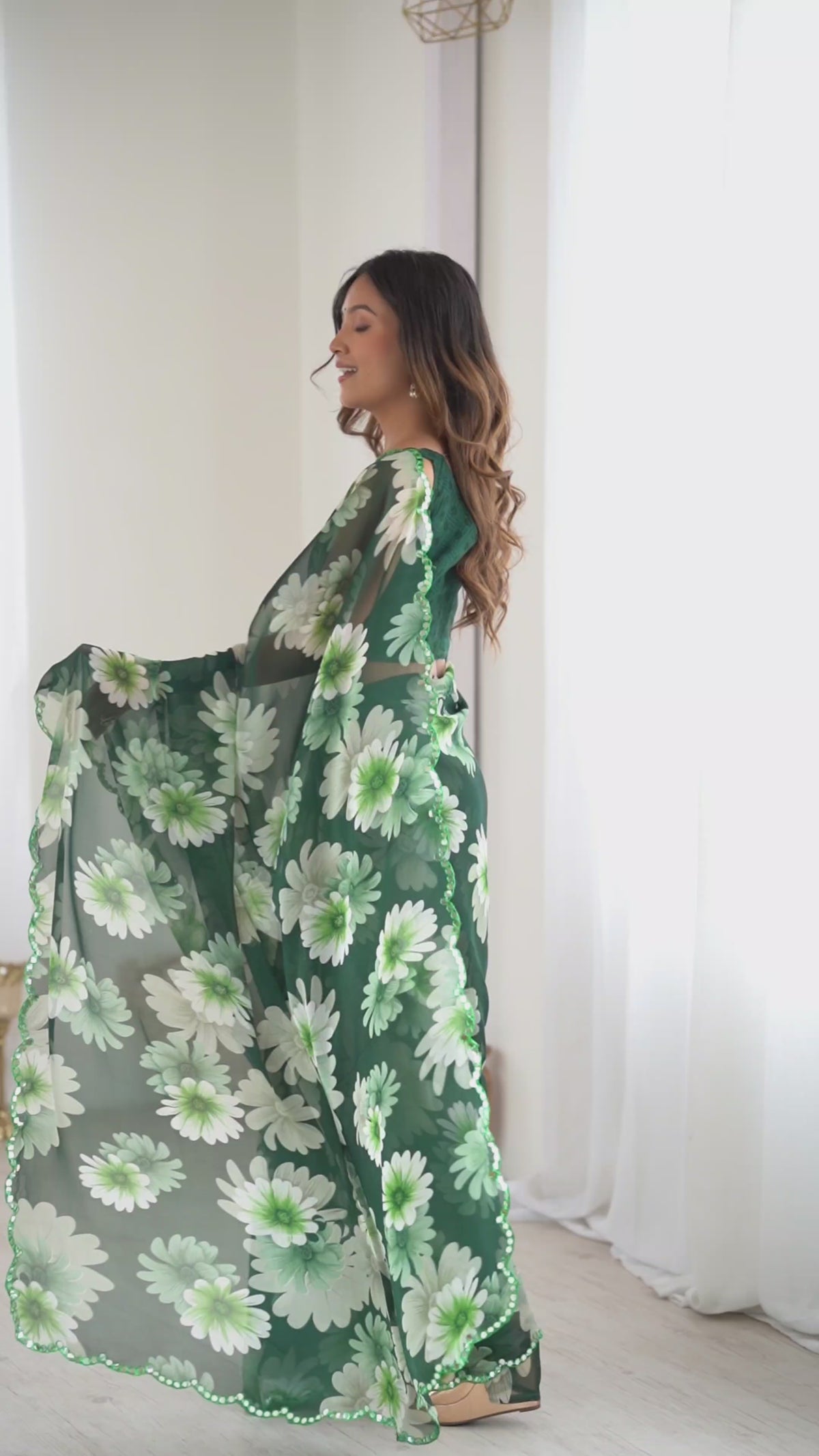 Bottle Green Georgette Silk Floral Printed Saree with Mirror Work Border & Unstitched Blouse