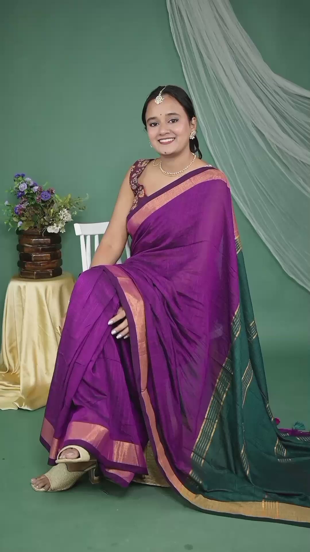 Royal Purple Mul Mul Cotton  Saree with Teal Pallu & Printed Blouse