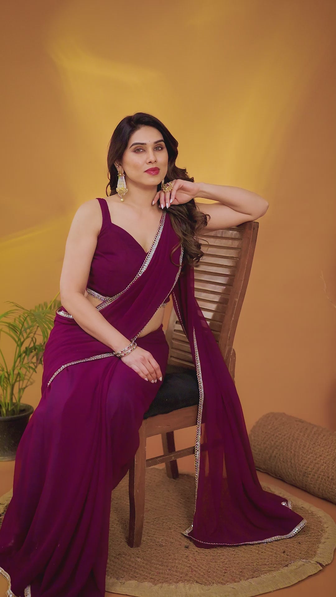 Purple Georgette Silk Solid Saree with Mirror Work Lace Border & Unstitched Blouse