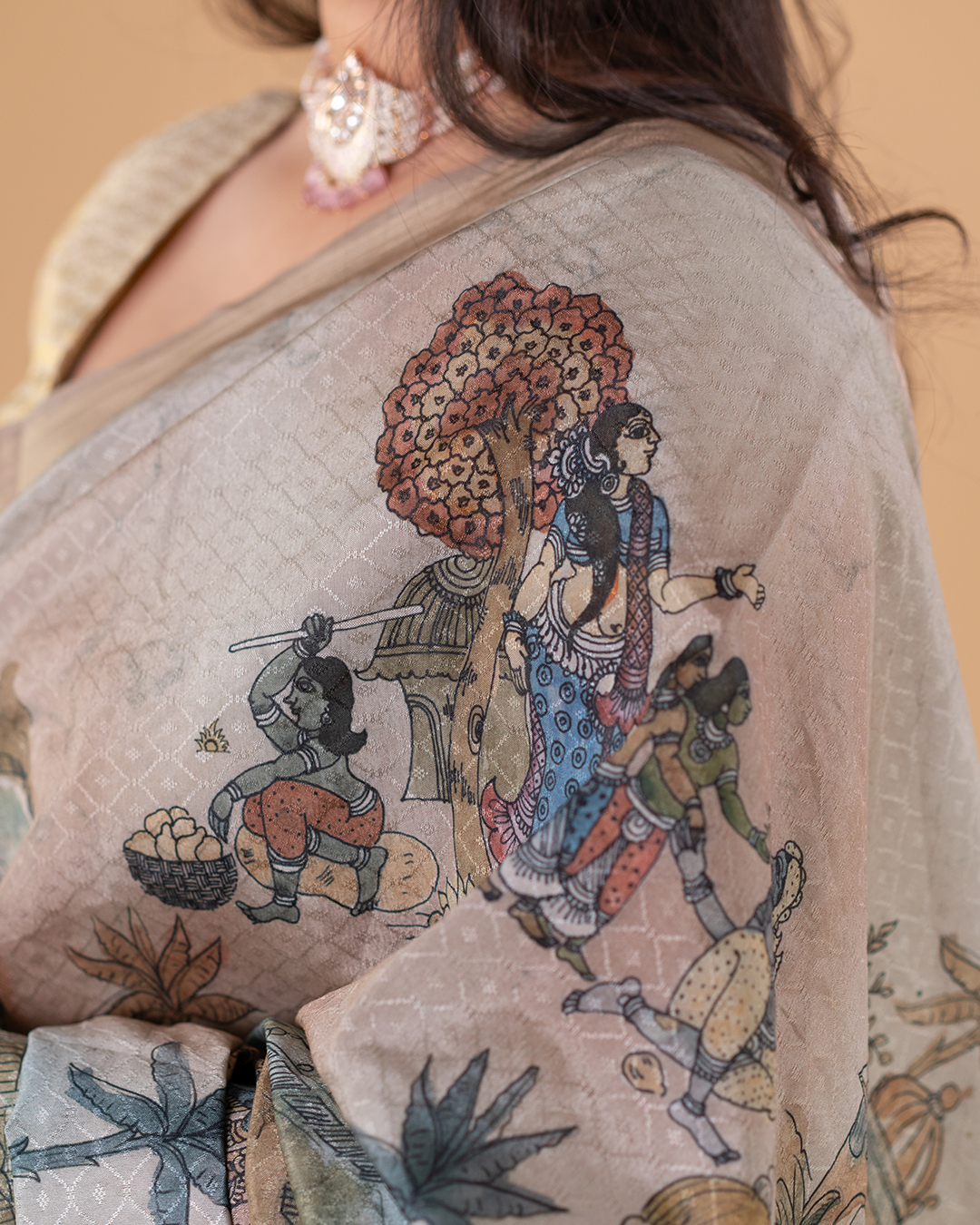 Beige Heritage Print Saree with Artistic Motifs & Subtle Border