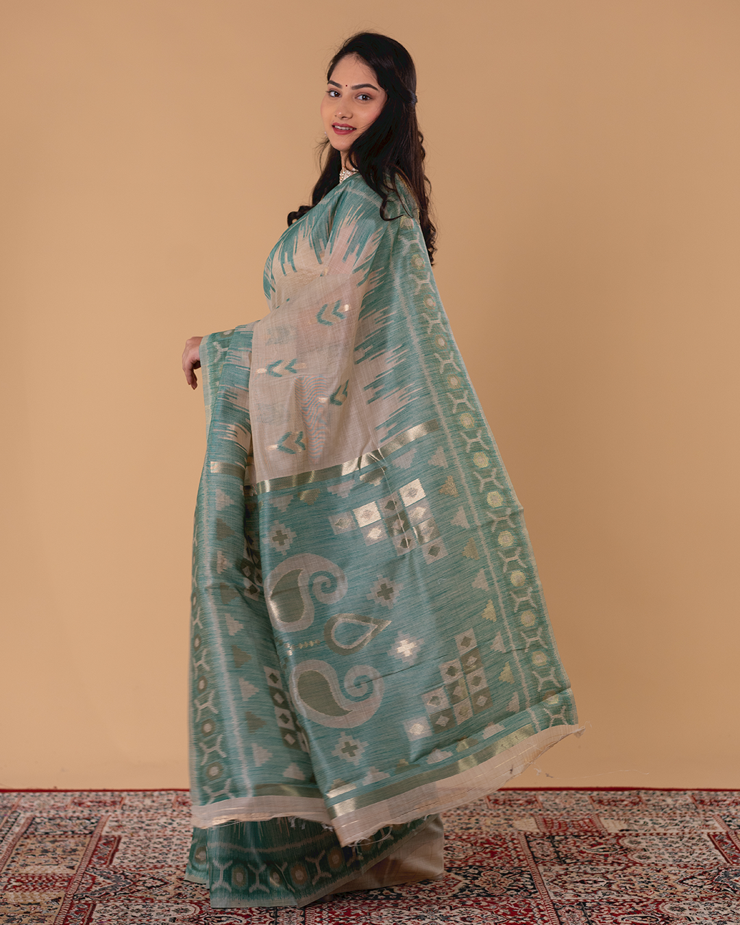 Beige & Teal Green Handloom Style Printed Saree with Traditional Border
