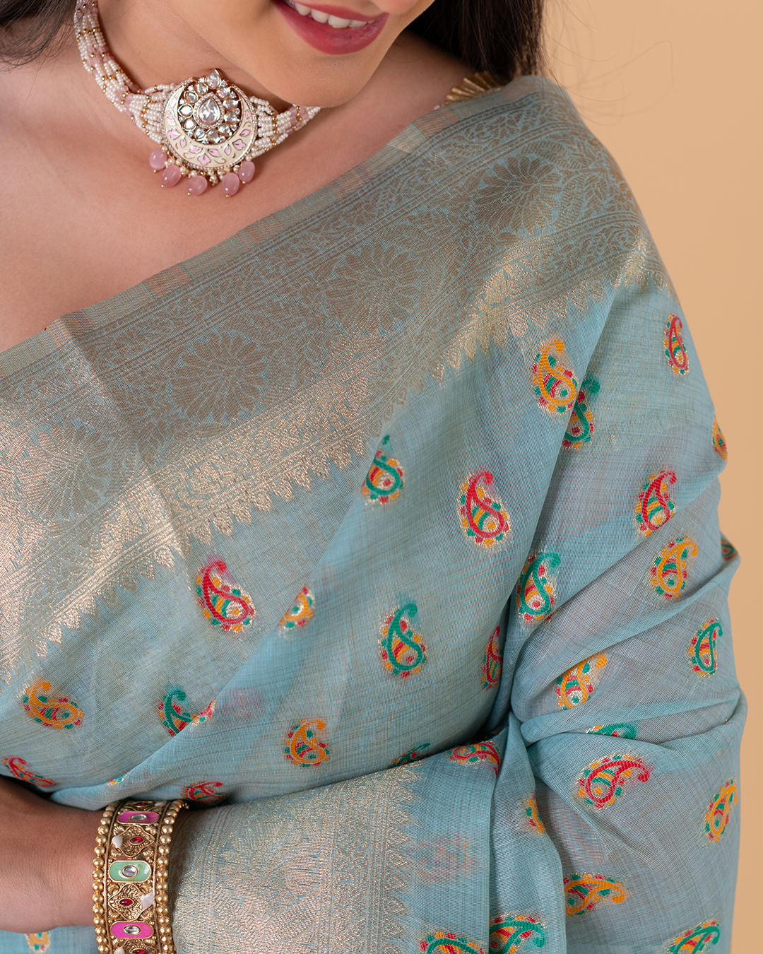 Sky Blue Handwoven Motif Saree with Soft Gold Border – Elegant Ethnic Wear