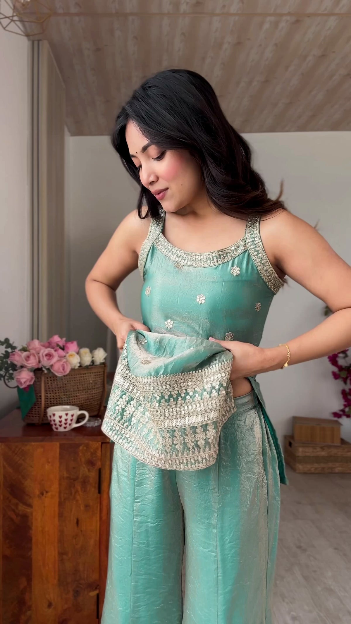 Sea Green Fendy Silk Embroidered Sleeveless Kurta with Bell Bottom Pants & Dupatta Set