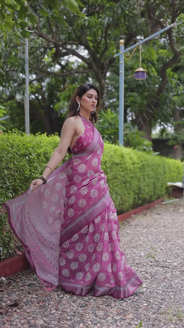 Elegant Rose Pink Linen Cotton Saree with Floral Motifs & Traditional Border