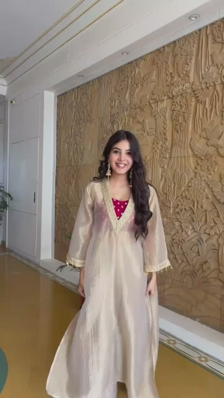 Beige Gold Embellished V-Neck Kurta Palazzo Set for Women