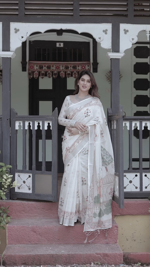 Vintage Garden Print Off-White Linen Cotton Saree