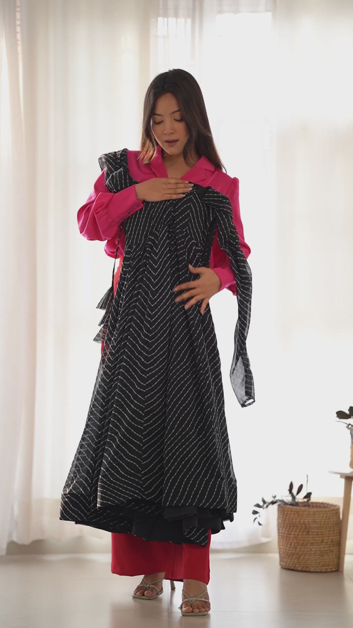 Black Leheriya Printed Georgette Flared Anarkali Gown with Dupatta & Pant Set