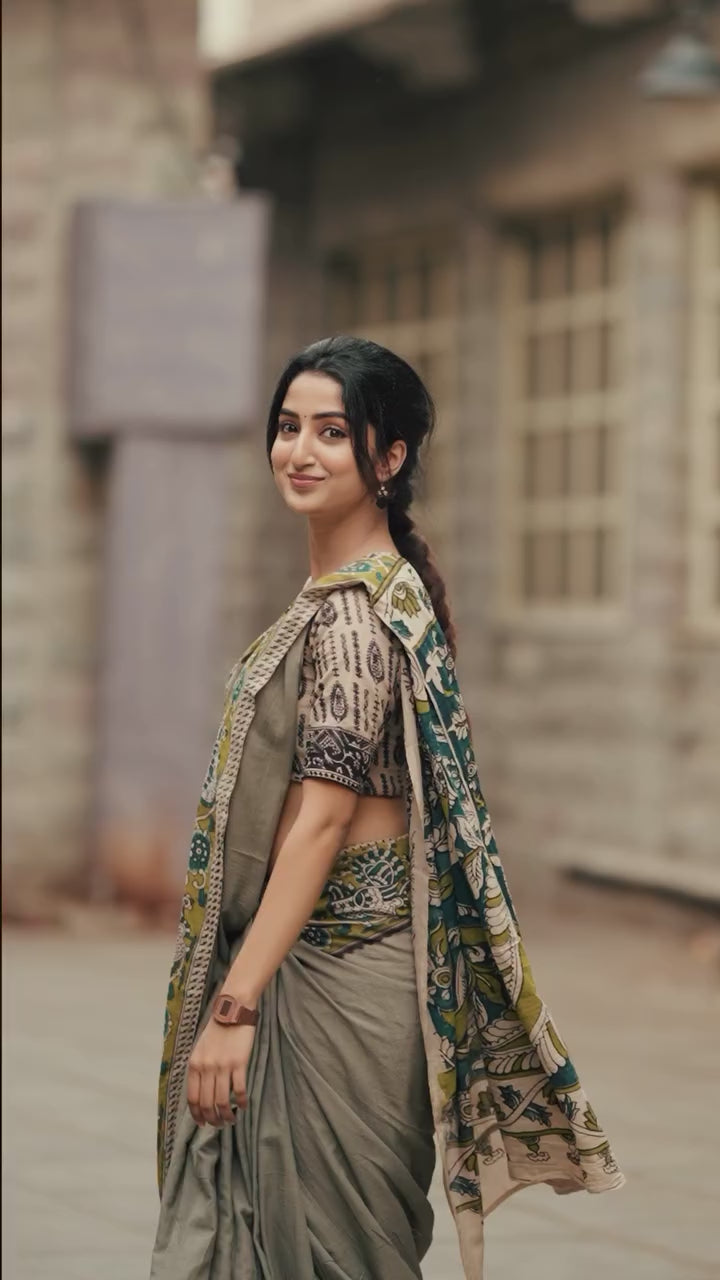 Elegant Grey Linen Cotton Saree with Kalamkari Inspired Border & Printed Blouse