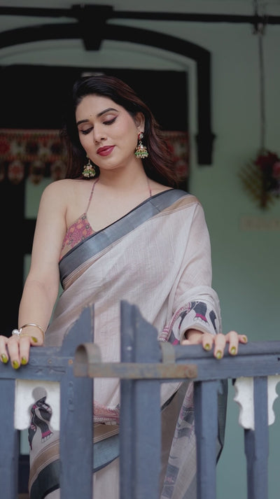 Heritage Beige Linen Cotton Saree with Elephant Motif Border & Artistic Pallu