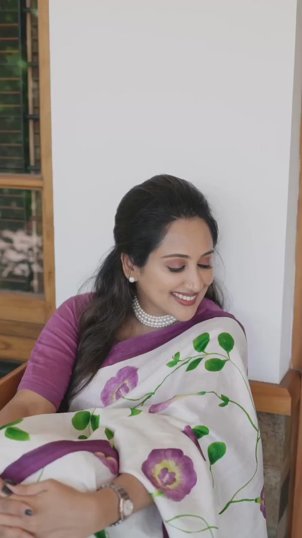 Elegant White Linen Cotton Saree with Lavender Floral Vine Design & Border