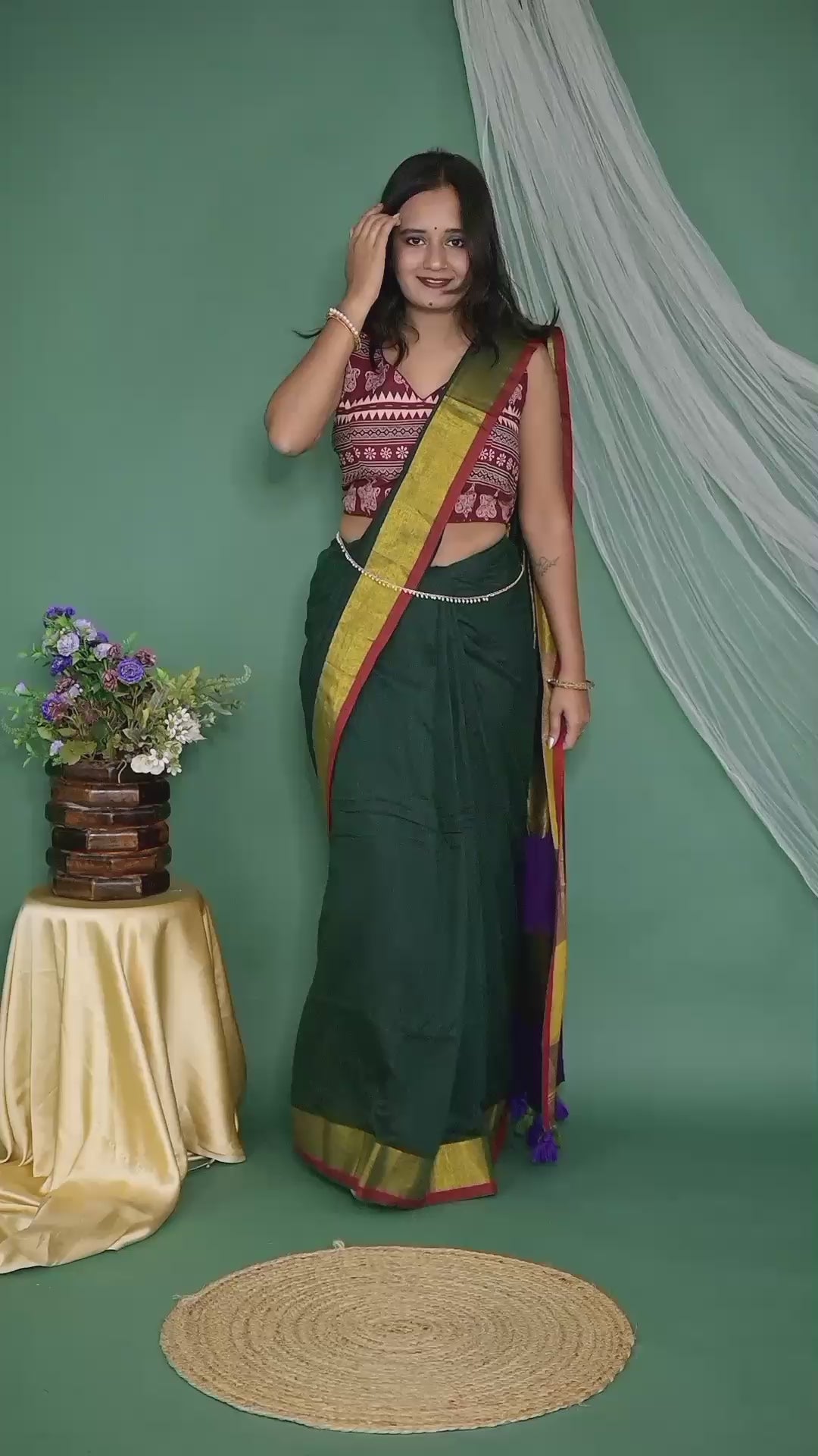 Bottle Green Mul Mul Cotton Saree with Multicolour Pallu & Printed Blouse