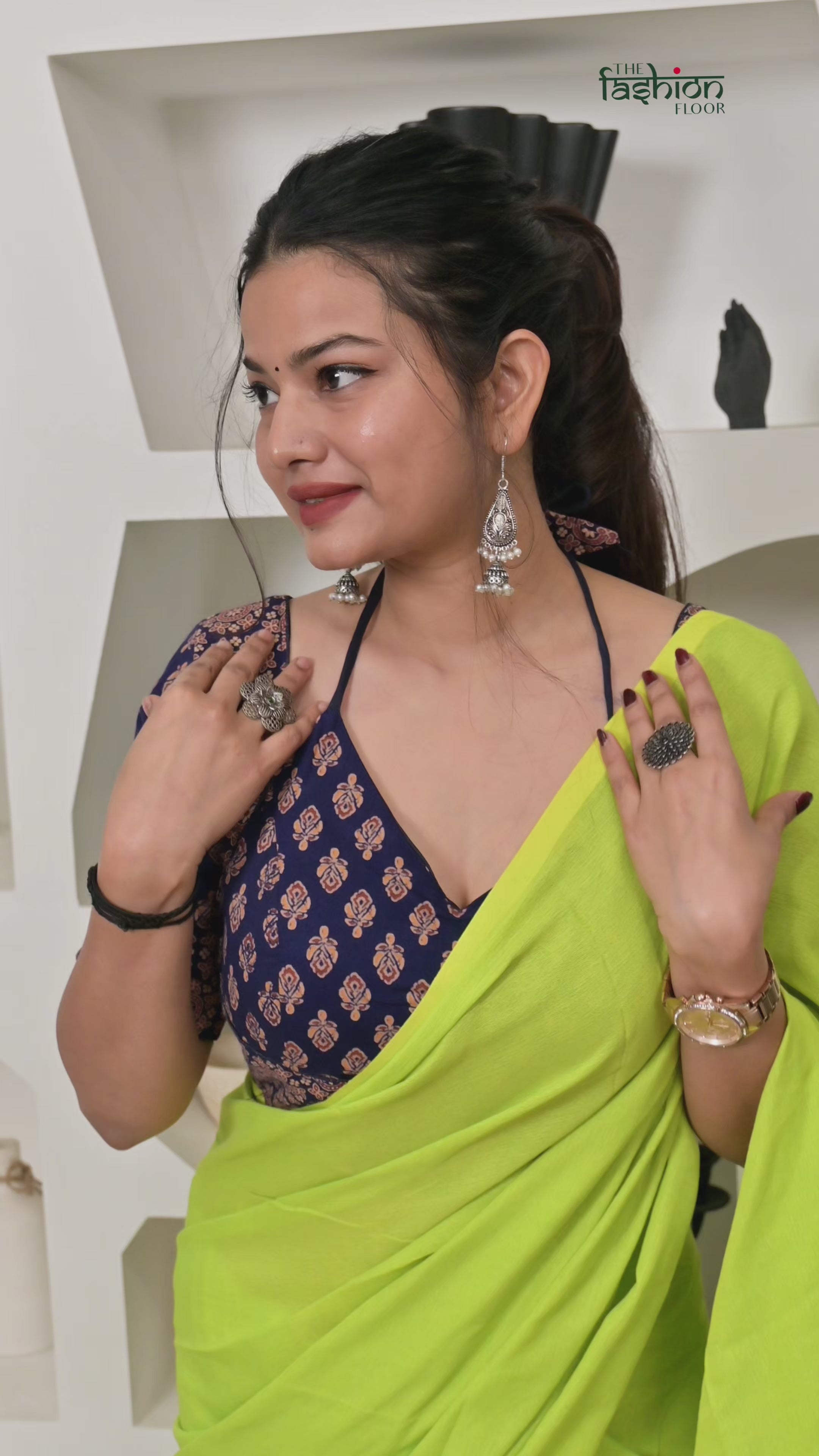 Lime Green Khadi Cotton Saree with Embroidered & Stitched Blouse