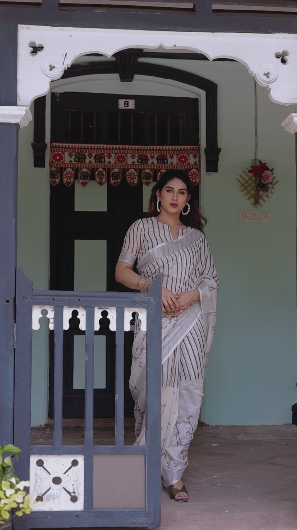 Classic Ivory Linen Cotton Saree with Grey Stripes & Minimal Print