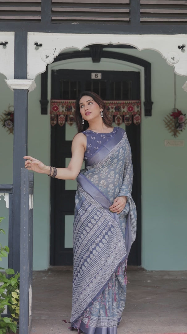 Elegant Slate Blue Floral Printed Cotton Saree with Contrast Border