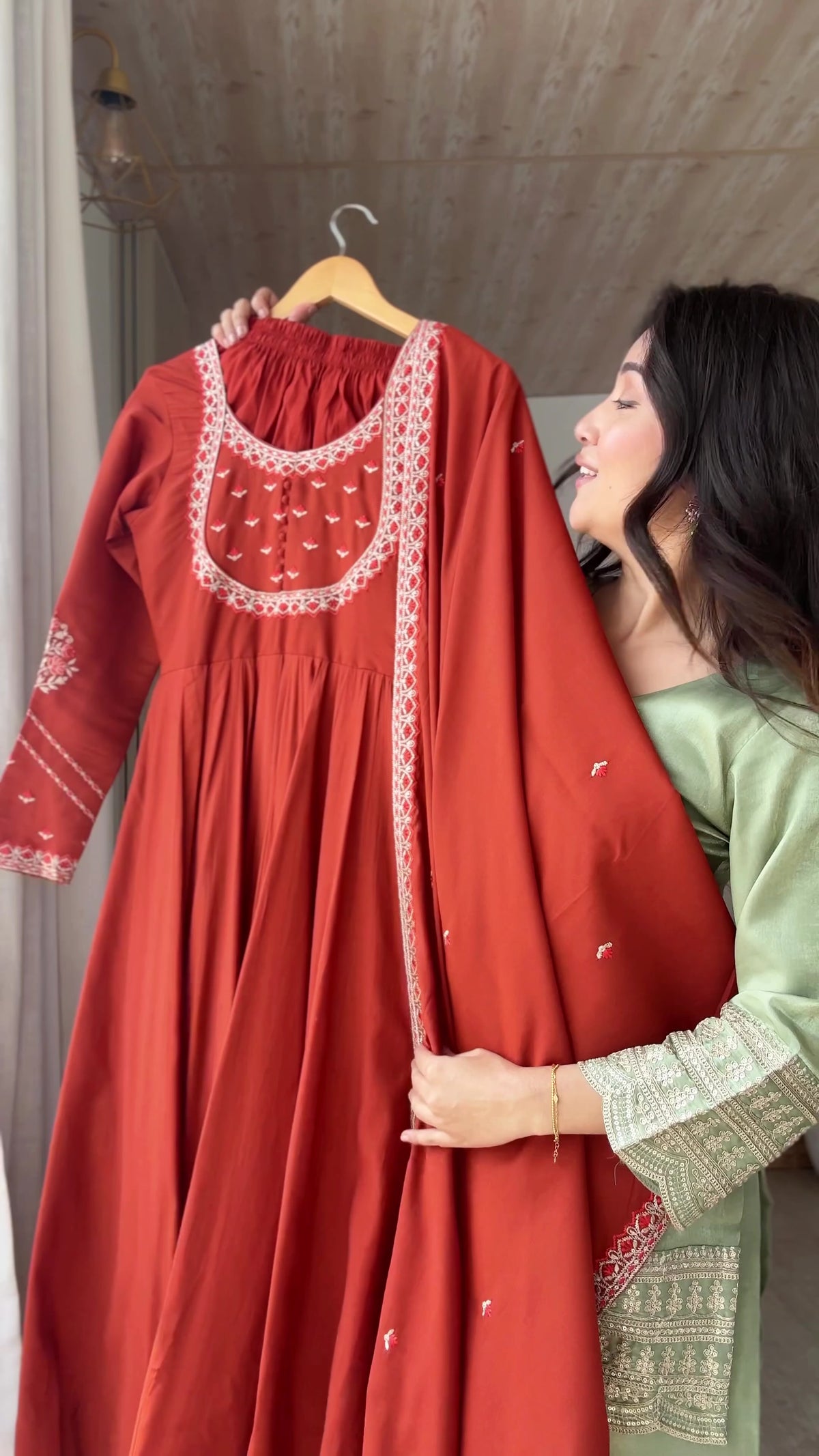 Rust Orange Roman Chanderi Silk 16-Kali Flared Anarkali Gown with Embroidered Dupatta & Pant Set
