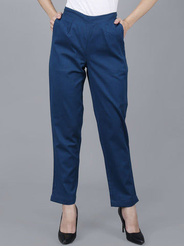 Navy Blue Women Comfort Pleated Trousers