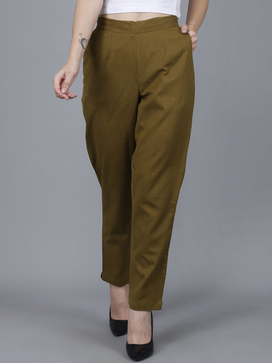 Olive Green Women Comfort Pleated Trousers