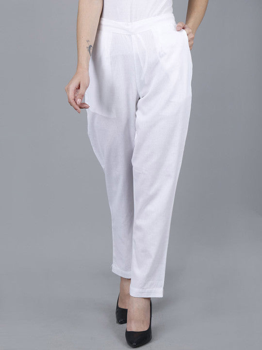 Pure White Women Comfort Pleated Trousers